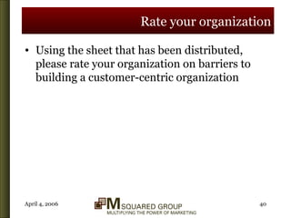 Rate your organization Using the sheet that has been distributed, please rate your organization on barriers to building a customer-centric organization 