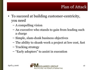 Plan of Attack To succeed at building customer-centricity, you need A compelling vision An executive who stands to gain from leading such a charge Simple, slam-dunk business objectives The ability to skunk-work a project at low cost, fast Tracking strategy “Early adopters” to assist in execution 