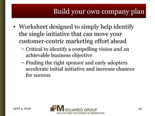 Build your own company plan Worksheet designed to simply help identify the single initiative that can move your customer-centric marketing effort ahead Critical to identify a compelling vision and an achievable business objective Finding the right sponsor and early adopters accelerate initial initiative and increase chances for success 