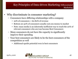 Key Principles of Data-driven Marketing   Differentiated Marketing Why discriminate in consumer marketing? Consumers have differing relationships with a company 20% of consumers = 60-80% of revenue  Bottom 20-30% of consumers usually cost you money to market Note: mass media is an inherently inefficient way to reach the 20% of relevant consumers who are/can become Best Consumers Many consumers do not have the capacity to significantly improve their spending Your best consumers are likely to be the best consumers of the competition as well Additional upside potential even in best consumers 