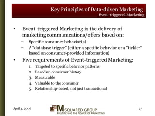 Key Principles of Data-driven Marketing   Event-triggered Marketing Event-triggered Marketing is the delivery of marketing communications/offers based on: Specific consumer behavior(s) A “database trigger” (either a specific behavior or a “tickler” based on consumer-provided information) Five requirements of Event-triggered Marketing: Targeted to specific behavior patterns Based on consumer history Measurable Valuable to the consumer Relationship-based, not just transactional 