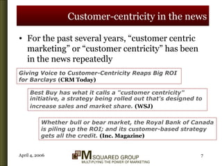 Customer-centricity in the news For the past several years, “customer centric marketing” or “customer centricity” has been in the news repeatedly Giving Voice to Customer-Centricity Reaps Big ROI for Barclays   ( CRM Today) Whether bull or bear market, the Royal Bank of Canada is piling up the ROI; and its customer-based strategy gets all the credit.  (Inc. Magazine) Best Buy has what it calls a "customer centricity" initiative, a strategy being rolled out that's designed to increase sales and market share.   ( WSJ) 