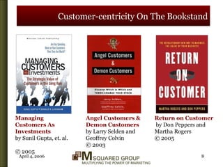 Customer-centricity On The Bookstand Angel Customers & Demon Customers   by Larry Selden and Geoffrey Colvin  © 2003 Return on Customer   by Don Peppers and Martha Rogers  © 2005 Managing Customers As Investments by Sunil Gupta, et. al.  © 2005 