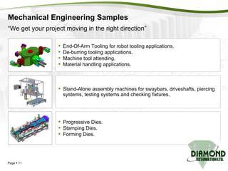Mechanical Engineering Samples Page     End-Of-Arm Tooling for robot tooling applications. De-burring tooling applications. Machine tool attending. Material handling applications. Stand-Alone assembly machines for swaybars, driveshafts, piercing systems, testing systems and checking fixtures. Progressive Dies. Stamping Dies. Forming Dies. “ We get your project moving in the right direction” 