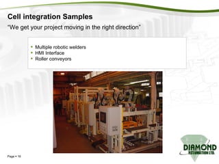 Cell integration Samples Page     Multiple robotic welders HMI Interface Roller conveyors “ We get your project moving in the right direction” 