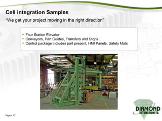 Cell integration Samples Page     Four Station Elevator Conveyors, Part Guides, Transfers and Stops Control package includes part present, HMI Panels, Safety Mats “ We get your project moving in the right direction” 