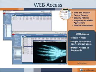 WEB Access Intra  and extranet Central Security Security Policies Integration with WEB Applications Platform Independent WEB Access Secure Access Simple Interface for non Technical Users Instant Access to documents WEB Access 