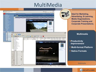 MultiMedia Ideal for Marketing, Advertising, E-Learning,  Media Organizations, Corporate Training and Corporate Presentations.  Multimedia Productivity Improvement Multi-format Platform Native Formats Multimedia 