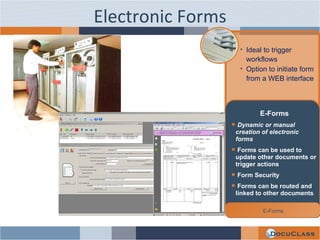 Electronic Forms Ideal to trigger workflows Option to initiate form from a WEB interface E-Forms Dynamic or manual creation of electronic forms Forms can be used to update other documents or trigger actions Form Security Forms can be routed and linked to other documents E-Forms 
