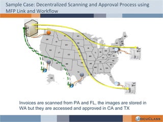 Sample Case: Decentralized Scanning and Approval Process using MFP Link and Workflow Invoices are scanned from PA and FL, the images are stored in WA but they are accessed and approved in CA and TX  