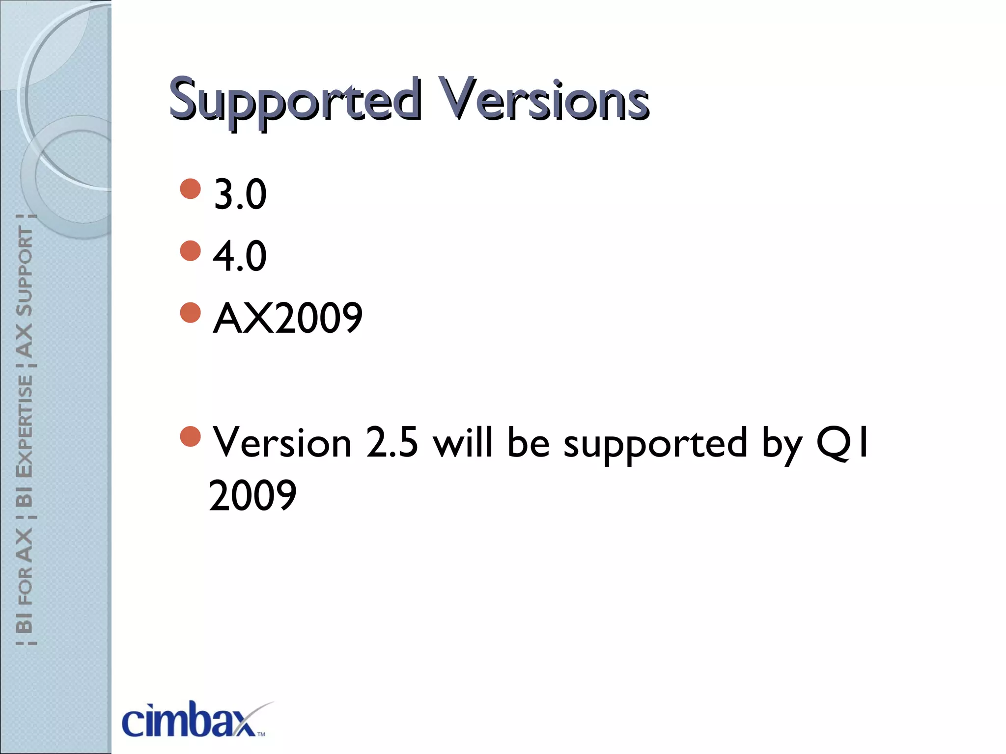 Supported VersionsSupported Versions
3.0
4.0
AX2009
Version 2.5 will be supported by Q1
2009
 
