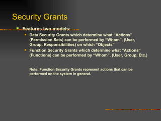 Security Grants Features two models: Data Security Grants which determine what “Actions” (Permission Sets) can be performed by “Whom”, (User, Group, Responsibilities) on which “Objects” Function Security Grants which determine what “Actions” (Functions) can be performed by “Whom”, (User, Group, Etc.)  Note: Function Security Grants represent actions that can be performed on the system in general. 