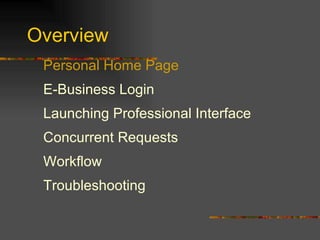 Overview Personal Home Page E-Business Login Launching Professional Interface Concurrent Requests Workflow Troubleshooting 
