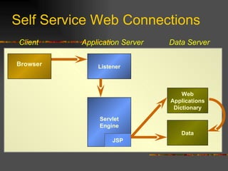 Self Service Web Connections Servlet Engine Application Server Data Server Web Applications Dictionary Listener Data JSP Browser Client 