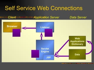 Self Service Web Connections Servlet Engine Application Server Data Server Web Applications Dictionary Listener Data JSP Browser Client 