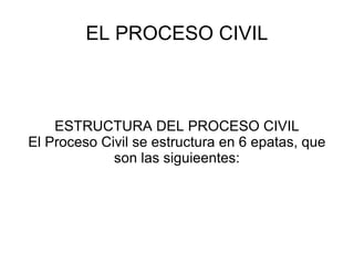 EL PROCESO CIVIL ESTRUCTURA DEL PROCESO CIVIL El Proceso Civil se estructura en 6 epatas, que son las siguieentes: 