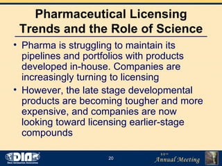 Pharmaceutical Licensing Trends and the Role of Science Pharma is struggling to maintain its pipelines and portfolios with products developed in-house. Companies are increasingly turning to licensing However, the late stage developmental products are becoming tougher and more expensive, and companies are now looking toward licensing earlier-stage compounds 