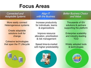 More easily connect Heterogeneous systems Create adaptable solutions built for change Cohesive technologies that span the IT Lifecycle Increase productivity for individuals, teams & organizations Improve resource allocation, prioritization & risk management Speed time-to-market with higher predictability Thousands of ISV solutions & partners supporting the platform Enterprise scalability and industry-leading TCO Widely adopted tools & technologies Focus Areas 