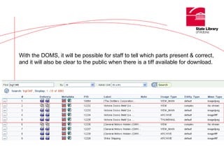 With the DOMS, it will be possible for staff to tell which parts present & correct,  and it will also be clear to the public when there is a tiff available for download. 