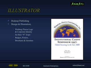 ILLUSTRATOR Desktop Publishing  Design & Illustration; Warburg Pincus Logo  & Corporate Identity  for their ‘97’ Expo Badges, Posters,  Brochures & literature 