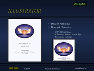 ILLUSTRATOR  Desktop Publishing  Design & Illustration: JET’s DREAM Logo. & Corporate Identity  for new shop. Promotional Materials. 