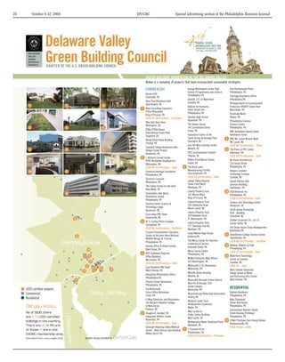 26          October 6-12, 2004                                                   DVGBC                          Special advertising section of the Philadelphia Business Journal




                                                                                                                         ���
                     Delaware Valley                                                                                              ANNUAL DVGBC
                                                                                                                                  MEMBERSHIP MEETING



                     Green Building Council
                                                                                                                                  WEDNESDAY OCTOBER 18, 2006
                                                                                                                                  CITY HALL, PHILADELPHIA




                     CHAPTER OF THE U.S. GREEN BUILDING COUNCIL

                                                                                     GREEN BUILDING MOMENTUM IN THE DELAWARE VALLEY.
                                                                                     Below is a sampling of projects that have incorporated sustainable strategies.

                                                                                     COMMERCIAL                           George Washington Carver High            One Pennsylvania Plaza
                                                                                                                          School of Engineering and Science        Philadelphia, PA
                                                                                    Aerzen USA                            Philadelphia, PA                         Partridge Architects Office
                                                                                    Coatsville, PA
                                                                                                                          Gestalt, LLC at Waterfront               Philadelphia,PA
                                                                                    Alice Paul Residence Hall             Camden, NJ                               PA Department of Environmental
                                                                                    Swarthmore, PA
       1                             2                                   3                                                Habitat for Humanity                     Protection (PADEP) Green Roof
                                                                                  1 Bala Consulting Engineers             Stiles Street Site                       Norristown, PA
                                                                                    Office Relocation                     Philadelphia, PA                         Pembroke North
                                                                                    King of Prussia, PA
                                                                                                                          Harriton High School                     Wayne, PA
                                                                                    LEED-CI Certification – Certified
                                                                                                                          Rosemont, PA                             Philadelphia Forensic
                                                                                    Blue Ball Dairy Barn
                                                                                                                          The Hankin Group                         Science Center
                                                                                    Wilmington, DE
                                                                                                                          747 Constitution Drive                   Philadelphia, PA
       4                             5                                   6
                                                                                    B'Nai B'Rith House                    Exton, PA                                PNC Bethlehem Branch Bank
                                                                                    International Green Roof
                                                                                                                          Innovation Center at the                 Bethlehem Towns
                                                                                    Claymont, DE
                                                                                                                          South Jersey Technology Park             PNC Mt. Laurel Branch Bank
                                                                                                                                                              8
                                                                                    Broad Street Bank Building            Glassboro, NJ                            Mt. Laurel, NJ
                                                                                    Trenton, PA
                                                                                                                          Iron HIll New Learning Center            LEED-NC Certification – Silver
                                                                                    Camphill Village Kimberton Hills –    Newark, DE                          9    The Plaza at PPL Center
       7                             8                                   9          Village Center Project
                                                                                                                          ITEC Environmental Outpost               Allentown, PA
                                                                                    Kimberton, PA
                                                                                                                          Smyrna, DE                               LEED-NC Certification – Gold
                                                                                  2 J. Richard Carnall Center,
                                                                                                                          Killens Pond Nature Center               Re:Vision Architecture
                                                                                    PFPC Worldwide Headquarters
                                                                                                                          Felton, DE                               133 Grape Street
                                                                                    Wilmington, DE
                                                                                                                                                                   Philadelphia, PA
                                                                                                                        6 The Knoll Lubin
                                                                                    LEED-NC Certification – Gold
                                                                                                                          Manufacturing Facility                   Rutgers Camden
                                                                                    Chemical Heritage Foundation
       10                            11                              12
                                                                                                                          East Greenville, PA                      Technology Campus
                                                                                    Philadelphia, PA
                                                                                                                          LEED-EB Certification – Gold             Camden, NJ
                                                                                    Christina Crescent
                                                                                                                          Lehigh Valley Hospital                   Sanofi Pasteur Site
                                                                                    Wilmington, DE
                                                                                                                          Cedar Crest North                        Services Building
                                                                                    The Clarke School for the Deaf        Allentown, PA                            Swiftwater ,PA
                                                                                    Bryn Mawr, PA
                                                                                                                          Liberty Property Trust              10   SCA Americas Inc.
                                                                                    Commodore John Barry
                                     13                              14                                                   151 Warner Road                          Philadelphia, PA
                                                                                    Elementary School                     King of Prussia, PA                      LEED-CI Certification – Gold
                                                                                    Philadelphia, PA
                                                                                                                          Liberty Property Trust                   Science and Technology Center
                                                                                    Country Center Science &              330 Fellowship Road                      Hockessin, DE
                                                                                    Technology Lodge                      Mount Laurel, NJ                         South Jersey Technology
                                                                                    Hockessin, DE
                                                                                                                          Liberty Property Trust                   Park - Building
                                                                                    Cross Keys PNC Bank                   420 Deleware Drive                       Glassboro, NJ
                                                                                    Turnersville, NJ
                                          9                                                                               Ft. Washington, PA                       Stabler Corporate Ctr., Lot 12
                                                                                  3 W. S. Cumby Office Complex            Liberty Property Trust                   Center Valley, PA
                                                                                    Springfield, PA                       777 Township Line Rd.                    The Stone House Group Headquarters
                                                                                    LEED-NC Certification – Certified     Newtown, PA                              Bethlehem,PA
                                                                                    Cusano Environmental Education        Lower Merion High School            11   Swarthmore College Science Center
                                                                                    Center at the John Heinz National
                                              6                                                                           Ardmore,PA                               Swarthmore, PA
                                                                                    Wildlife Refuge at Tinicum
                                                                                                                          The Mercy Center for Eduction,           LEED-NC Certification – Certified
                                                                                    Philadelphia, PA
                                                                                                                          Leadership & Service
                                                                                                                                                                   Wallace, Roberts & Todd
                                                                                                                                                              12
                                                                                    Dansko Office & Retail Facility       Gwynedd Valley, PA
                                                                                                                                                                   Philadelphia, PA
                                                                                    West Grove, PA
                                                       14                                                                 Mercy Family Center                      LEED-CI Certification – Gold
                                                                                  4 DEP Southeast Regional                Philadelphia, PA
                                                           4                                                                                                       Waterfront Technology
                                                                                                                                                              13
                                                  1                                 Office Building
                                                                                                                          McNeil Pediatrics New Offices            Center at Camden
                                                                                    Norristown, PA
                                                                                                                          Fort Washington, PA
                                                            5                                                                                                      Camden, NJ
                                                                                    LEED-NC Certification – Gold
                                                                   10                                                     Millersville E.I.B. Renovation           LEED-CS – Gold
                                                       3                            East Bradford PNC Bank
                                                                 12 13                                                    Millersville, PA
                                                                             8                                                                                     West Chester University
                                                                                    West Chester, PA
                                                                7
                                                  11                                                                      Millville Senior Housing                 Swope School of Music
                                                                                    EwingCole Philadelphia Office
                                                                                                                          Millville, NJ                            and Performing Arts Center
                                                                                    Philadelphia,PA
                                                                                                                                                                   West Chester, PA
                                                                                                                          Morrisville Borough School District
                                          2                                         Friends Center Renovation
                                                                                                                          New Pre-K through 12th
                                                                                    Philadelphia, PA
                                                                                                                          Grade Campus
                                                                                                                                                                   RESIDENTIAL
     LEED certified projects                                                        Fox Rothschild,                       Morrisville, PA
                                                                                                                                                                   Barkan Residence
                                                                                    Exton Office Relocation
     Commercial                                                                                                           Musconetcong Watershed Association
                                                                                                                                                                   Philadelphia, PA
                                                                                    Exton, PA
                                                                                                                          Asbury, NJ
     Residential                                                                                                                                                   Blau Thompson
                                                                                    F-Wing Extension and Renovation;
                                                                                                                          National Lands Trust
                                                                                                                                                                   Urban Row House
                                                                                    The Richard Stockton College
                                                                                                                          Headquarters Expansion
     ���������������                                                                                                                                               Philadelphia, PA
                                                                                    of New Jersey
                                                                                                                          Media, PA
                                                                                    Pomona, NJ                                                                     Germantown Women’s Build:
                                                                                                                          New Castle Co.
     �������������������                                                          5 Douglas B. Gardner '83                                                         Green Housing Prototype
                                                                                                                          Public Safety Building
                                                                                                                                                                   Philadelphia, PA
                                                                                    Integrated Athletic Center
     ������������������������                                                                                             New Castle, DE
                                                                                    Haverford, PA                                                                  O'Neil Prototype Zero Energy Homes
                                                                                                                          Northampton Water Treatment Plant 14
     ���������������������������
                                                                                    LEED-NC Certification – Gold                                                   Perkiomenville, PA
                                                                                                                          Whitehall, PA
     ������������������������                                                                                                                                      LEED-Homes – Gold
                                                                                    Geisinger Wyoming Valley Medical
                                                                                                                        7 1 Crescent Drive
     ������������������������                                                       Center - New Critical Care Building
                                                                                                                          Philadelphia, PA
                                                                                    Wilkes-Barre, PA
     ������������������������                                                                                             LEED-CS Certification – Platinum
                                                   graphic design provided by:
     �����������������������������
 