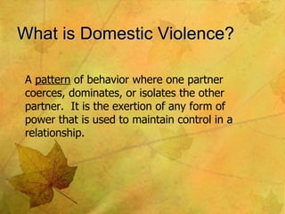 What is Domestic Violence? A  pattern  of behavior where one partner coerces, dominates, or isolates the other partner.  It is the exertion of any form of power that is used to maintain control in a relationship. 