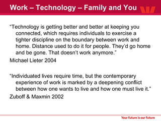 Work – Technology – Family and You “ Technology is getting better and better at keeping you connected, which requires individuals to exercise a tighter discipline on the boundary between work and home. Distance used to do it for people. They’d go home and be gone. That doesn’t work anymore.” Michael Lieter 2004 “ Individuated lives require time, but the contemporary experience of work is marked by a deepening conflict between how one wants to live and how one must live it.” Zuboff & Maxmin 2002  