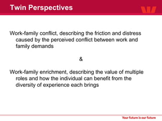 Twin Perspectives Work-family conflict, describing the friction and distress caused by the perceived conflict between work and family demands & Work-family enrichment, describing the value of multiple roles and how the individual can benefit from the diversity of experience each brings 