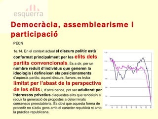 PECN 1e.14. En el context actual  el discurs polític està conformat principalment per les  elits dels partits convencionals , és a dir, per un  nombre reduït d’individus que generen la ideologia i defineixen els posicionaments  d’aquests partits; aquest discurs, llavors, es troba  limitat per l’abast de la perspectiva de les elits  i, d’altra banda, pot ser  adulterat per interessos privatius  d’aquestes elits que tendeixin a reduir la generació de propostes a determinats consensos preestablerts. És obvi que aquesta forma de procedir no s’adiu gens amb el caràcter republicà ni amb la pràctica republicana. Democràcia, assemblearisme i participació 