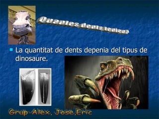 La quantitat de dents depenia del tipus de dinosaure. Quantes dents tenien? Grup-Alex, Jose,Eric 