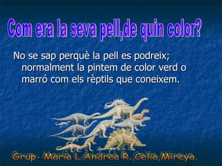 No se sap perquè la pell es podreix; normalment la pintem de color verd o marró com els rèptils que coneixem. Com era la seva pell,de quin color? Grup- Maria L,Andrea R.,Celia,Mireya. 