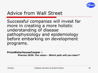 Advice from Wall Street Successful companies will invest far more in creating a more holistic understanding of disease pathophysiology and epidemiology before embarking on development programs.   PriceWaterhouseCooper –  Pharma 2020: The vision - Which path will you take?* 