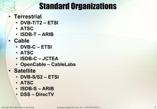 Standard Organizations
       • Terrestrial
              • DVB-T/T2 – ETSI
              • ATSC
              • ISDB-T – ...
