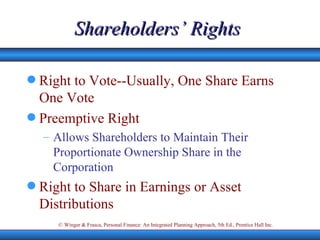 Shareholders’ Rights Right to Vote--Usually, One Share Earns One Vote Preemptive Right Allows Shareholders to Maintain Their Proportionate Ownership Share in the Corporation Right to Share in Earnings or Asset Distributions 
