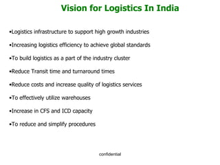 Vision for Logistics In India Logistics infrastructure to support high growth industries Increasing logistics efficiency to achieve global standards To build logistics as a part of the industry cluster Reduce Transit time and turnaround times Reduce costs and increase quality of logistics services To effectively utilize warehouses Increase in CFS and ICD capacity To reduce and simplify procedures  