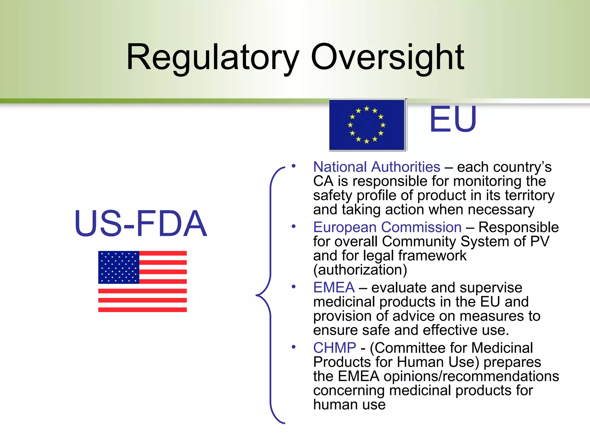 Regulatory Oversight National Authorities  – each country’s CA is responsible for monitoring the safety profile of product in its territory and taking action when necessary European Commission  – Responsible for overall Community System of PV and for legal framework (authorization) EMEA  – evaluate and supervise medicinal products in the EU and provision of advice on measures to ensure safe and effective use. CHMP  - (Committee for Medicinal Products for Human Use) prepares the EMEA opinions/recommendations concerning medicinal products for human use  US-FDA EU 
