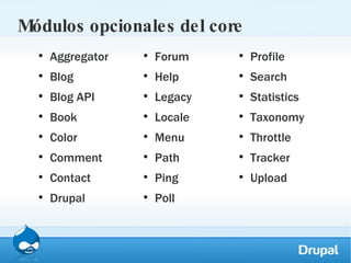 Módulos opcionales del core Aggregator Blog Blog API Book Color Comment Contact Drupal Forum Help Legacy Locale Menu Path Ping Poll Profile Search Statistics Taxonomy Throttle Tracker Upload 
