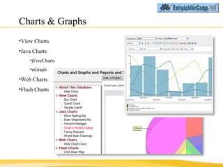 Charts & Graphs <ul><li>View Charts </li></ul><ul><li>Java Charts </li></ul><ul><ul><li>jFreeCharts </li></ul></ul><ul><ul...