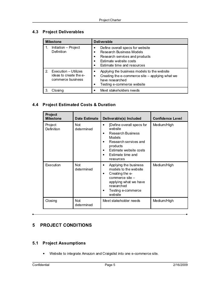 project charter milestones example