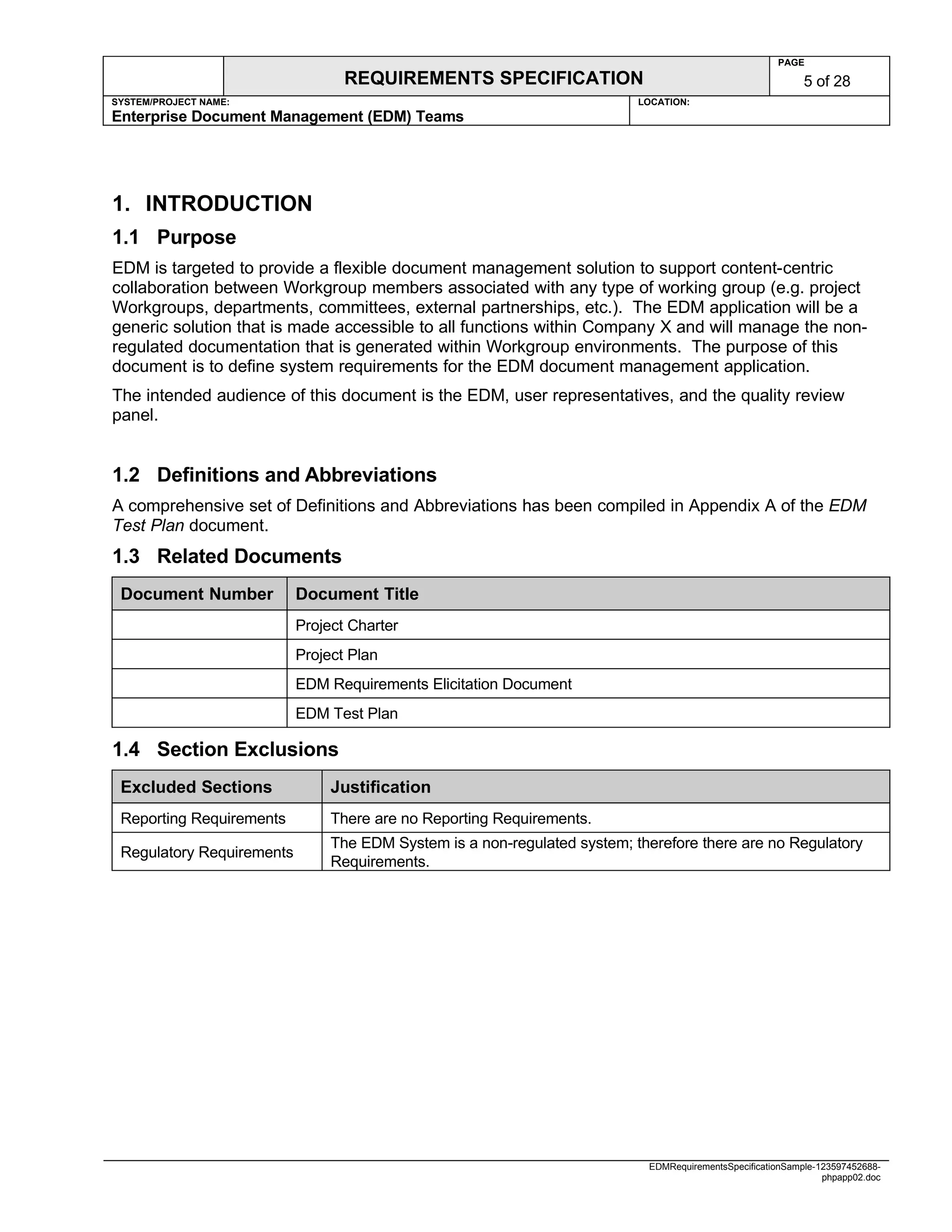 Edm Requirements Specification Sample | DOC