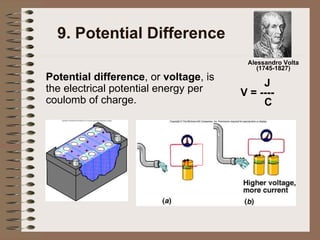 9. Potential Difference Potential difference , or  voltage , is the electrical potential energy per coulomb of charge. J V = ----   C Alessandro Volta (1745-1827) 