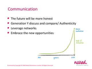 Communication The future will be more honest Generation Y discuss and compare/ Authenticity Leverage networks Embrace the new opportunities