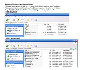 Automated Data conversion for Siebel This automation works similar to ETL tools. It eliminates batch or shell scripting.  This automated batch script reduces the EIM development duration to 50% time.  Very object oriented, reusability, minimal coding, and easy deployment. Folder Structure Batch Script Folder 
