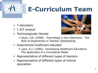 E-Curriculum Team <ul><li>7 educators </li></ul><ul><li>1 ICT analyst </li></ul><ul><li>Technologically literate </li></ul...