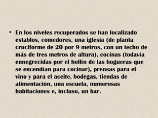 En los niveles recuperados se han localizado establos, comedores, una iglesia (de planta cruciforme de 20 por 9 metros, con un techo de más de tres metros de altura), cocinas (todavía ennegrecidas por el hollín de las hogueras que se encendían para cocinar), prensas para el vino y para el aceite, bodegas, tiendas de alimentación, una escuela, numerosas habitaciones e, incluso, un bar. 