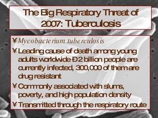 The Big Respiratory Threat of 2007:  Tuberculosis Mycobacterium tuberculosis Leading cause of death among young adults worldwide – 2 billion people are currently infected, 300,000 of them are drug resistant Commonly associated with slums, poverty, and high population density Transmitted through the respiratory route 