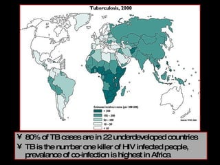 80% of TB cases are in 22 underdeveloped countries TB is the number one killer of HIV infected people, prevalance of co-infection is highest in Africa 
