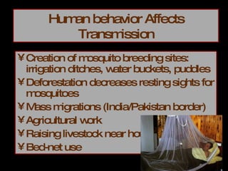 Human behavior Affects Transmission Creation of mosquito breeding sites: irrigation ditches, water buckets, puddles Deforestation decreases resting sights for mosquitoes Mass migrations (India/Pakistan border) Agricultural work Raising livestock near house Bed-net use 