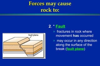 Forces   may cause rock to: 2 . *  Fault   fractures in rock where movement  has  occurred may occur in any direction along the surface of the break ( fault plane ) 